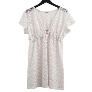 Swim Cover Up Women XL White Lace Crochet O-Ring Boho Beachwear Swimwear